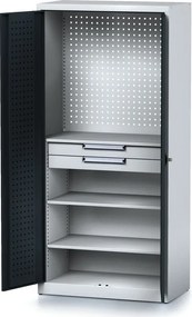 Policová dielenská skriňa 2-dverová MECHANIC, 2 zásuvky, 3 police, 920 x 500 x 1950 mm, grafitové dvere