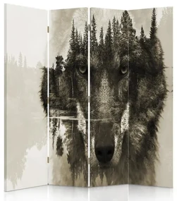 Gario Paraván Vlk na pozadí lesa v hnedej farbe Rozmery: 145 x 170 cm, Prevedenie: Klasický paraván