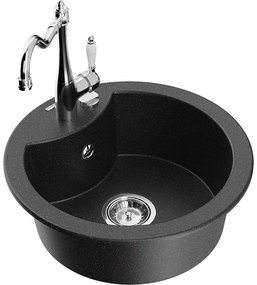 Mexen Diego, granitový drez 488x488x167 mm, 1-komorový a drezová batéria Carla, čierna-strieborná metalíza, 6512-73-670700-00