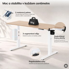 Elektrický stôl s nastaviteľnou výškou ergonomický biely/dub sonoma,1400x700 mm: ARIA