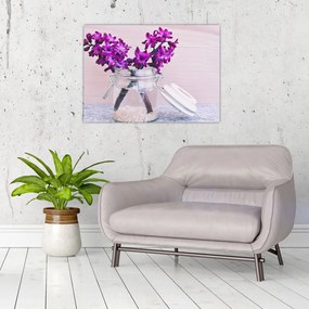 Sklenený obraz fialových kvetín (70x50 cm)
