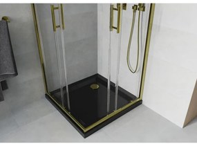 Mexen Rio, štvorcový sprchovací kút s posuvnými dverami 80(dvere) x 80(dvere) x 190 cm, 6mm číre sklo, zlatý profil + čierna sprchová vanička SLIM, 860-080-080-50-00-4070G