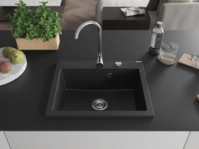 Mexen Eliz, 1-komorový granitový drez 600 x 500 mm, čierna/strieborná metalíza, chrómový sifón - 6525601005-73