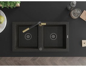 Mexen Mario, 2-komorový granitový drez 820x436x161 mm a drezová batéria Flora, čierna-zlatá metalíza, 6504-75-670401-57-B