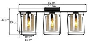 Stropné svietidlo HELLA CAGE, 3x medové sklenené tienidlo v kovovom ráme