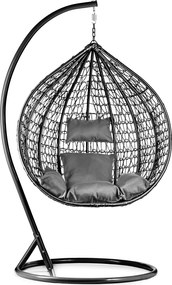 Čierne závesné kreslo KOKON so stojanom, sivý vankúš