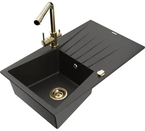 Mexen Cesar, granitový drez 775x470x190 mm, 1-komorový a zlatá batéria Duero, čierna - zlatá metalíza, 6514-75-671600-50