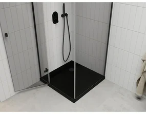 Mexen Roma, sprchovací kút s 1-krídlovými dverami 80 (dvere) x 80 (stena) cm, 6mm číre sklo, čierny profil, slim sprchová vanička 5cm čierna s čiernym sifónom, 854-080-080-70-00-4070B