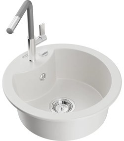 Mexen Diego, 1-komorový granitový drez 488x488x167 mm a drezová batéria Flora, biela, 6512-20-670401-06