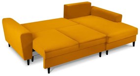 Menčestrová rozkladacia/s úložným priestorom rohová pohovka v horčicovej farbe (pravý roh/s leňoškou) Kyoto – Cosmopolitan Design