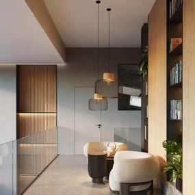 Závesné svietidlo Gabbia, 1x čierne drôtené tienidlo, drevo, (fi 55cm)