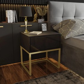 NOČNÝ STOLÍK EDWARD LOFT ZLATÝ OCEĽOVÝ PODSTAVEC ČIERNY VYSOKÝ LESK