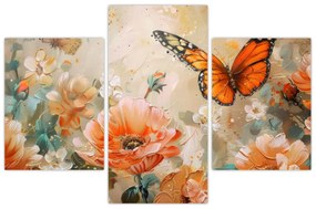 Obraz - Motýľ a kvety, olejomaľba (90x60 cm)