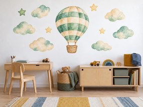 Šalviový balón v oblakoch pastelové textilné nálepky na stenu do detskej izby arch 46 x 34 cm