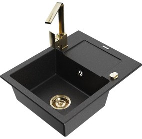 Mexen Enzo, granitový drez 576x465x174 mm, 1-komorový a zlatá batéria Rita, čierna-strieborná metalíza, 6506-73-670300-50