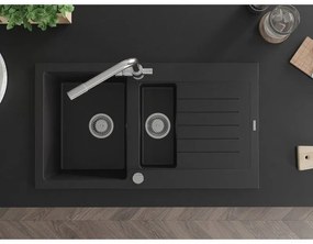 Mexen Matias, granitový drez 900x505x200 mm, 1,5-komorový a chrómová batéria Duero, čierna, 6502-77-671600-00