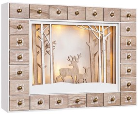 Spielwerk Drevený adventný kalendár ZIMNÝ LES s osvetlením, 35x6x27cm, biela/hnedá