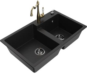 Mexen Tomas, granitový drez 800x500x190 mm, 2-komorový a drezová batéria Carla, čierna, 6516-77-670700-50-B