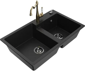 Mexen Tomas, granitový drez 800x500x190 mm, 2-komorový a drezová batéria Carla, čierna, 6516-77-670700-50-B