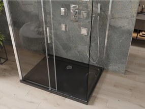 Mexen Omega, 3-stenový sprchovací kút s posuvnými dverami 100 (dvere) x 80 (stena) x 190 cm, 8mm číre sklo, chrómový profil + čierna sprchová vanička SLIM, 825-100-080-01-00-3S-4070