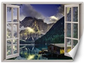 Fototapeta, Okno s pohledem na jezero v horách příroda - 210x150 cm