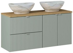 Závěsná skříňka Line Reed Green Pati s deskou a umyvadly 120 cm zelená/dub evoke