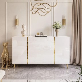 KOMODA SANTINO NA NOŽIČKÁCH BIELY LESK / ZLATÁ 158 cm