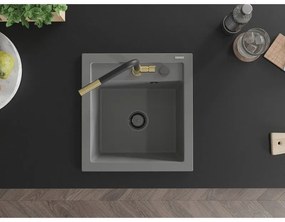 Mexen Vito, 1-komorový granitový drez 490x520x210 mm a drezová batéria Flora, šedá, 6503-71-670401-57-B