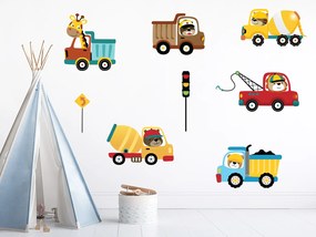 Stavebné autíčka textilní prelepiteľné nálepky na stenu list 45 x 39 cm
