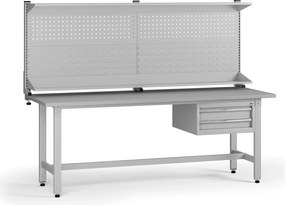Výškovo nastaviteľný dielenský stôl G5 s nadstavbou, 2100 x 750 x 800-1000 mm, 1x kontajner, 2 zásuvky, sivá