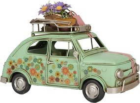 Zelený kovový retro model auta Fiat s kvetmi - 26*12*18 cm