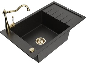 Mexen Elias, granitový drez 795x480x200 mm, 1-komorový a drezová batéria Carla, čierna-zlatá metalíza, 6511-75-670700-50