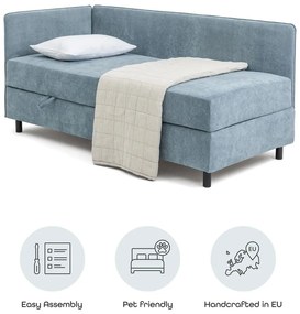 Modrá čalúnená jednolôžková posteľ s úložným priestorom s matracom 90x200 cm Avela – Bonami Selection