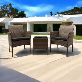 Ratanová súprava so stolíkom a 2 kreslami - hnedá + antracitové vankúše