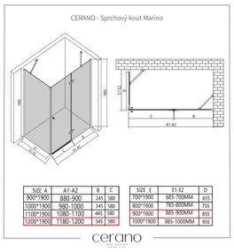 Cerano Marino, sprchovací kút 120(dvere) x 90(stena) x 190 cm, 6mm číre sklo, chrómový profil, CER-CER-422838