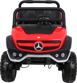 Ramiz Mercedes Benz Unimog elektrické autíčko pre deti červené + pohon 4x4 + diaľkové ovládanie + nosič batožiny + pomalý štart + MP3 + LED