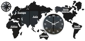 Nástenné samolepiace hodiny Mapa sveta 110x55 cm čierne