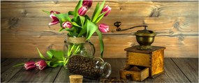 Obraz - tulipány, mlynček a káva (120x50 cm)