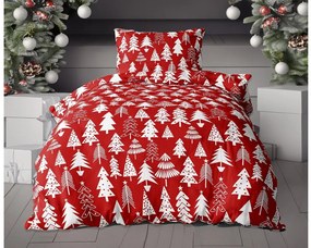 Flanelové obliečky CHRISTMAS TREES červené + plachta  mikroplyš SOFT 90x200 cm biela