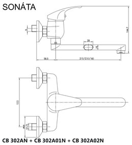 Mereo, Drezová nástenná batéria, Sonáta, s ramienkom plochým rovným 210 mm, chróm, MER-CB302N