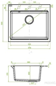 Laveo Tau, 1-komorový granitový drez 570x500x215 mm, čierna, LAV-SBT_710B