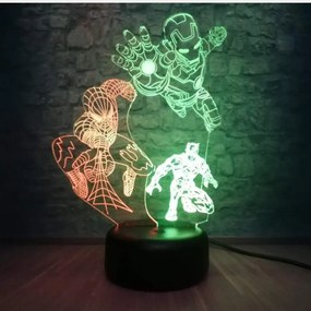 3D LED nočná lampa - Avengers – Ironman, Spider-man, Batman (Bluetooth reproduktor - farba biela)