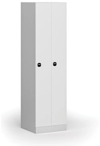 Kovová šatníková skrinka zúžená, 2 oddiely, 1850 x 500 x 500 mm, zámok s čítačkou RFID kariet, laminované dvere, biela