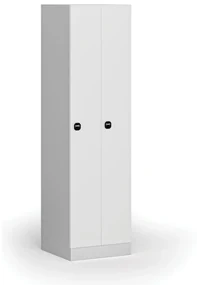 Kovová šatníková skrinka zúžená, 2 oddiely, 1850 x 500 x 500 mm, zámok s čítačkou RFID kariet, laminované dvere, biela
