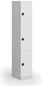 Šatníková skrinka s úložnými boxmi, 3 boxy, 1850 x 300 x 500 mm, demont, kódový zámok, laminované dvere, biela