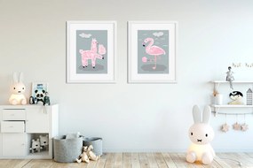 Séria 2 rámovaných obrazov pre deti – Ružové zvieratká - šedá – 40X50 cm