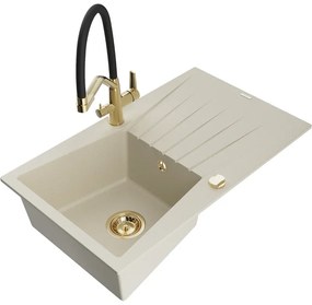 Mexen Cesar, 1-komorový granitový drez 775x470x190 mm a drezová batéria Duo, béžová, 6514-69-671701-57-G