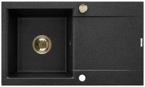 Invena Tesalia, 1-komorový granitový drez s odkvapkávačom 760x440x160 mm + zlatý automatický sifón, INV-AZ-01-Z43-B