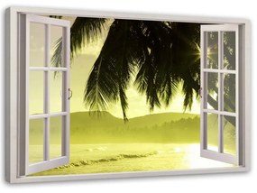 Obraz na plátně Výhled z okna Palmy Západ slunce - 120x80 cm