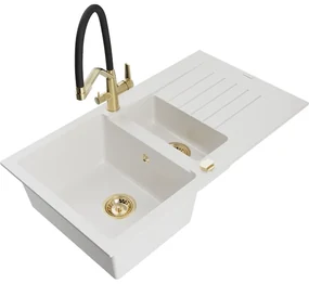 Mexen Matias, 1,5-komorový granitový drez 900x505x200 mm a drezová batéria Duo, biela, 6502-20-671701-57-G